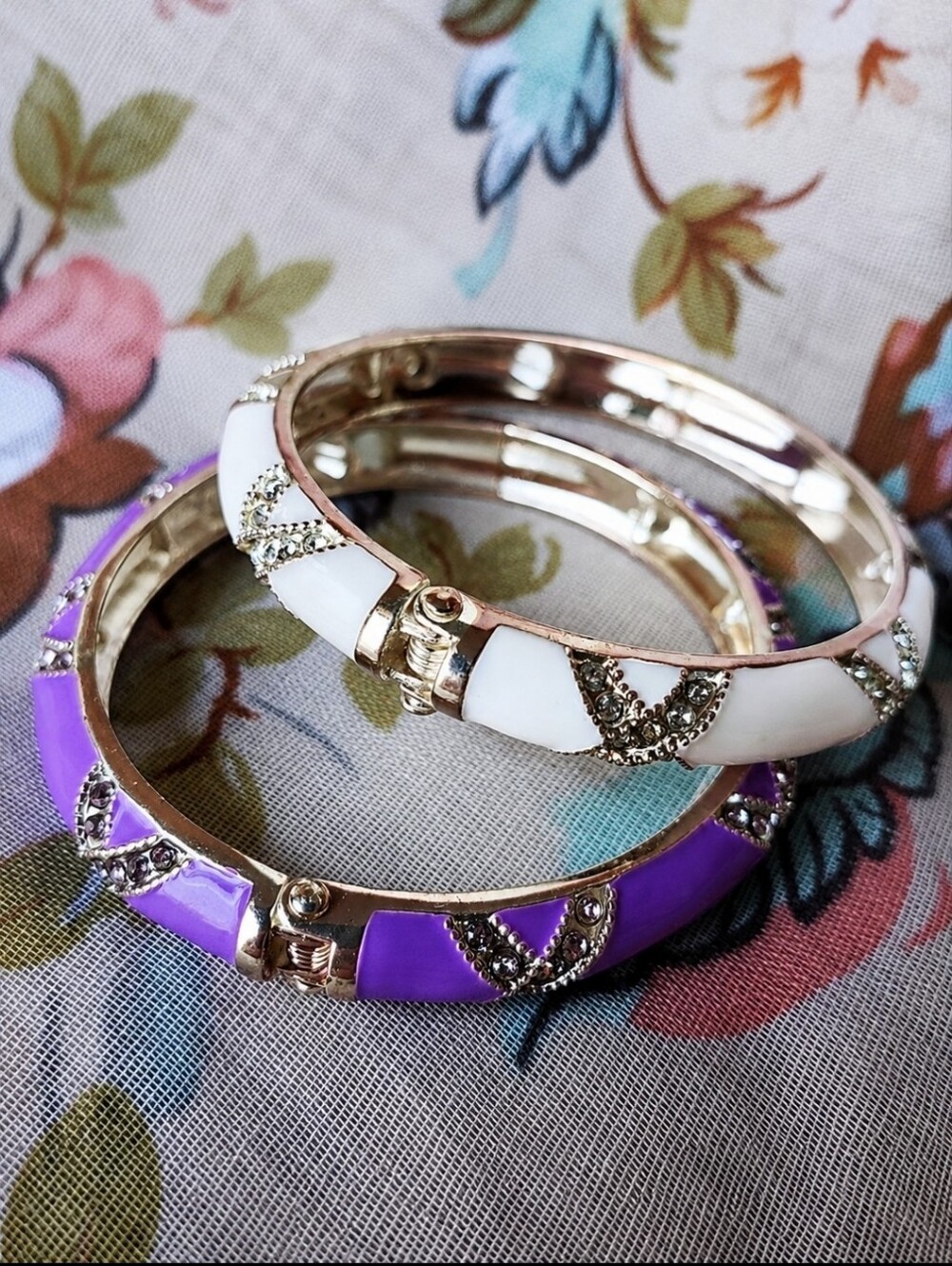 Silver Tone Purple and White Enameled Rhinestone Set of Clamper Bangle Bracelets